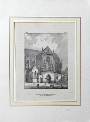 Alte Ansicht Colmar Kathedrale Vue de la Cathédrale de Colmar prise sur la place d`armes,  1850