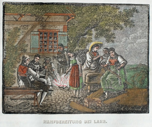 Alte Ansicht Lahr Baden, Bäuerinnen bei der Hanfbereitung HANFBEREITUNG BEI LAHR, 1836
