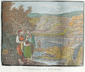 Alte Ansicht Wolfach, Kinzigtal Nordschwarzwald HOLZFLOESSEN BEI WOLFACH., 1836
