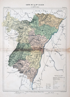 Alte Landkarte unteres Elsass CARTE DE LA Bse. ALSACE,  1880