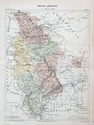 Alte Landkarte des rheinischen Preussens, Krefeld Düsseldorf, Köln, Wittlich, Saarbrücken PRUSSE RHÉNANE.,  1884