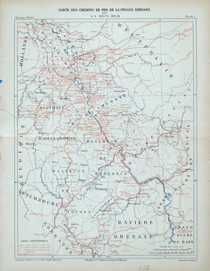 Alte Landkarte der Eisenbahnen im preussischen Rheingebiet CARTE DES CHEMINS DE FERRE DE LA PRUSSE RHÉNANE, 1884