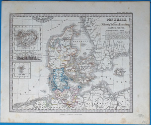 Alte Landkarte Dänemark  DÄNEMARK mit SCHLESWIG-HOLSTEIN & LAUENBURG ISLAND & FARÖER,  1864