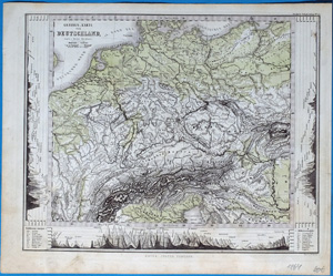Alte Landkarte Deutsches Reich mit Schweiz Gebirgskarte von DEUTSCHLAND,  1864