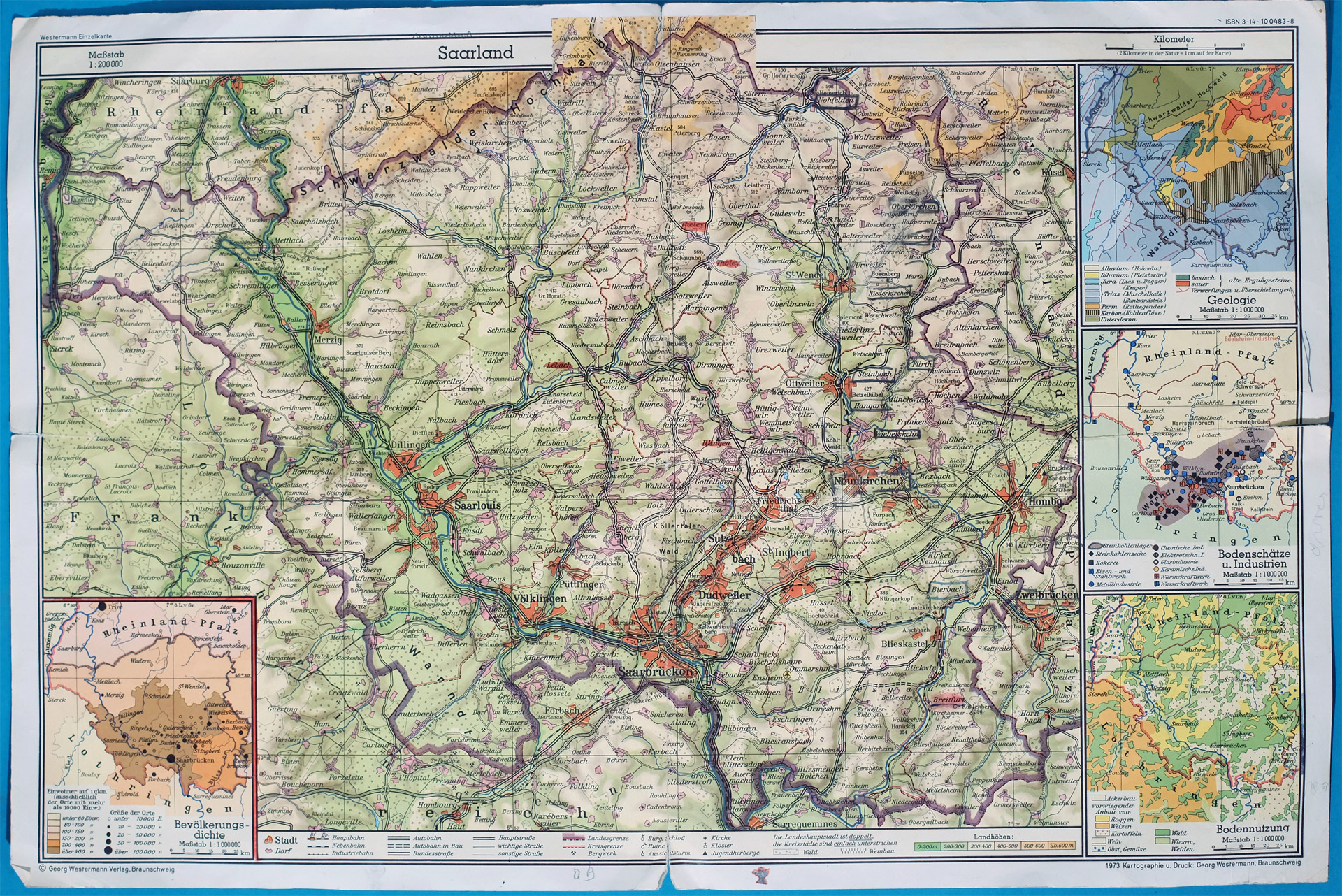 Alte Landkarte Saarland Farblithografie Westermann Einzelkarte 1973 1 0000 Deutschland Antiquariat